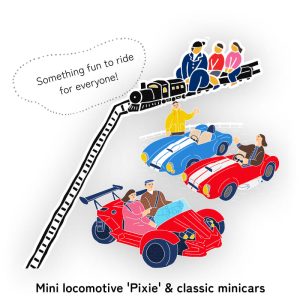 Something fun to ride for everyone! Mini locomotive 'Pixie' & classic minicars